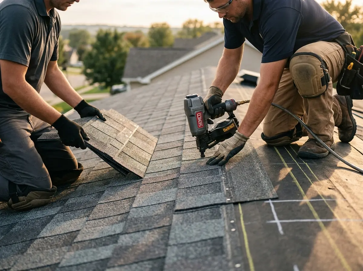 Professional roofer working on a residential roof in Bellefontaine